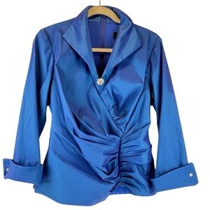 Vintage Tadashi Collection Iridescent Blue Blouse Rhinestone Brooch Ruched S/M